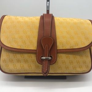 Dooney and Bourke Yellow Canvas Monogram Crossbody Bag with Brown Leather Trim
